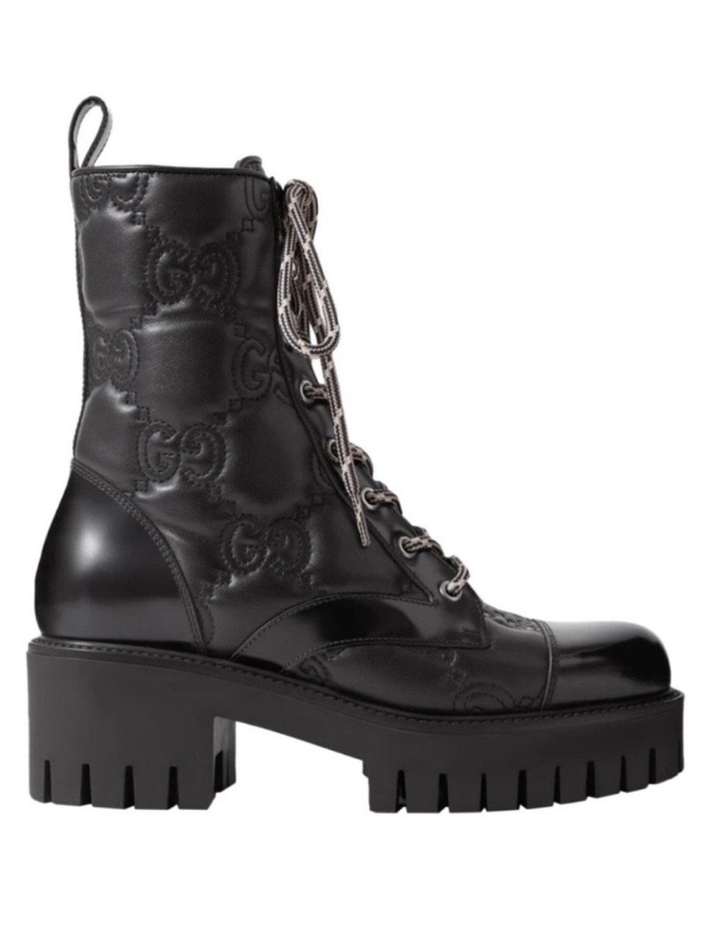 GUCCI GG logo embossed leather lace up boots